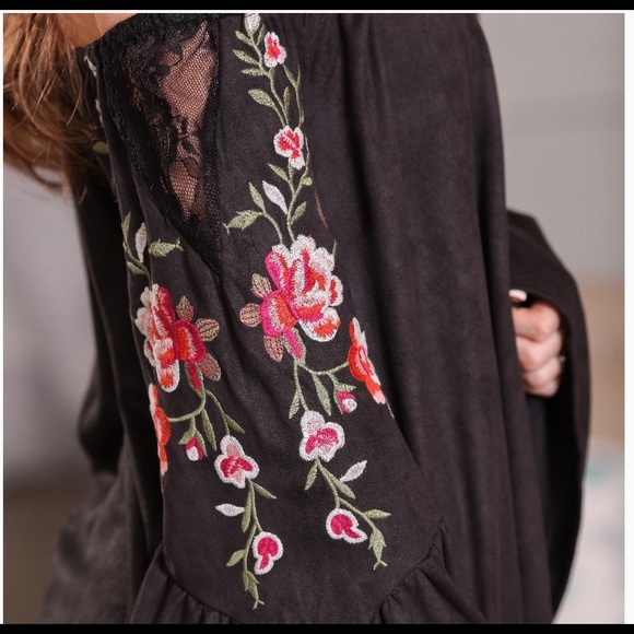 Faux Suede Embroidered Off Shoulder Tunic - Picture 3 of 8